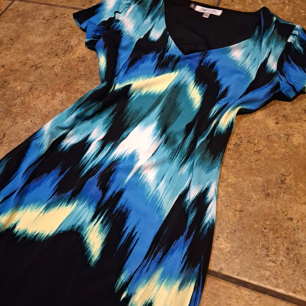 Jennifer Lopez Blue and Yellow Asymmetrical Graphic Dress